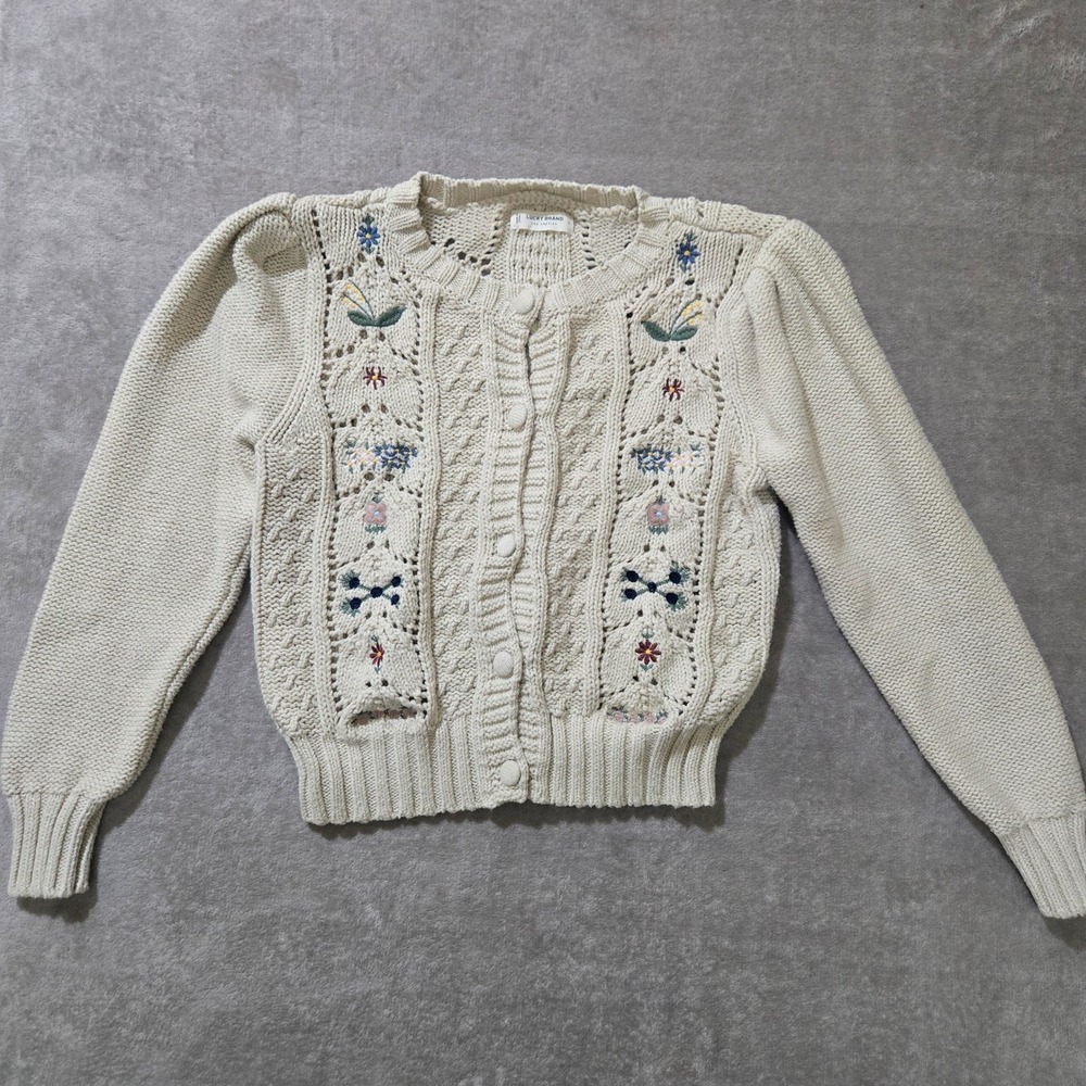 Lucky Brand Cable Knit‎ Cardigan Embroidered Womens Large Cottagecore Prairie